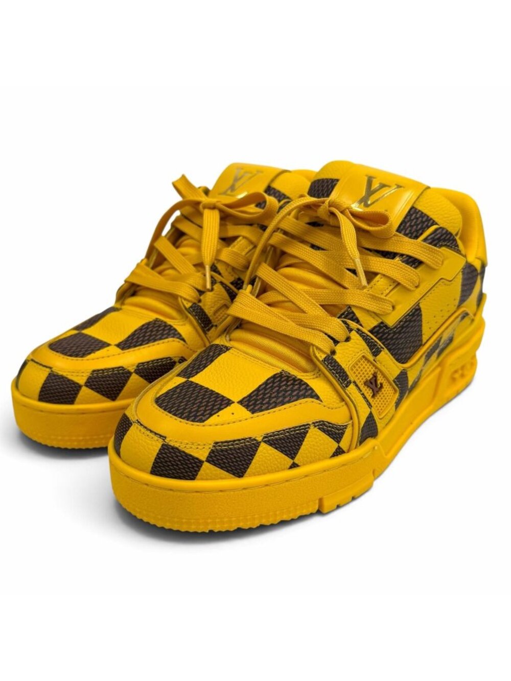 Louis Vuitton LV Trainers LV Logo Lace-up Leather Sneakers Yellow Brown